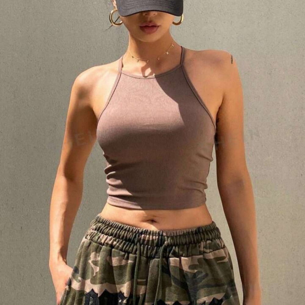 Stretchy Polyester Brown Ribbed Crop Tank Top